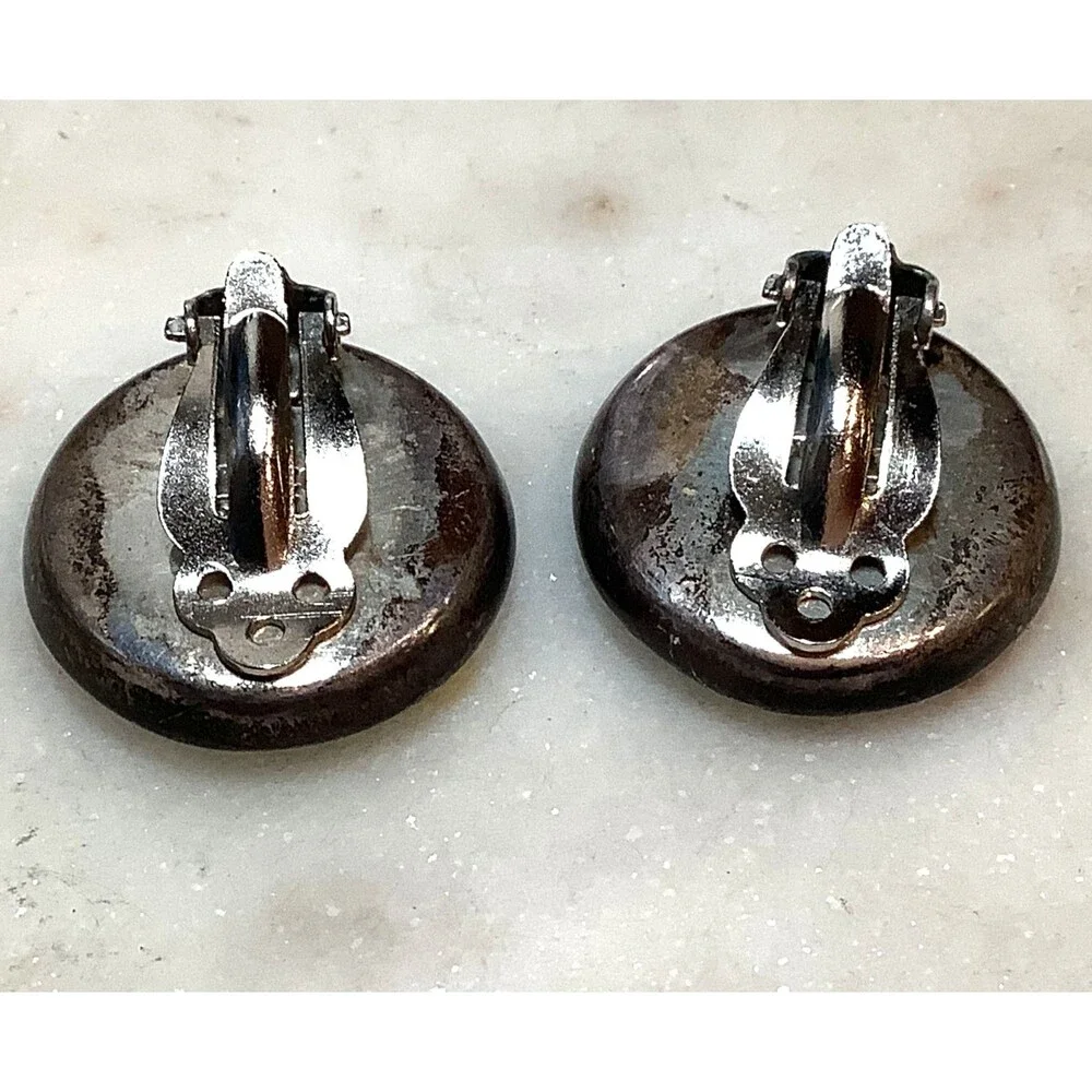 Sterling Earrings Mexico Clip On 925 Silver Inlaid Stones Turquoise Signed CII